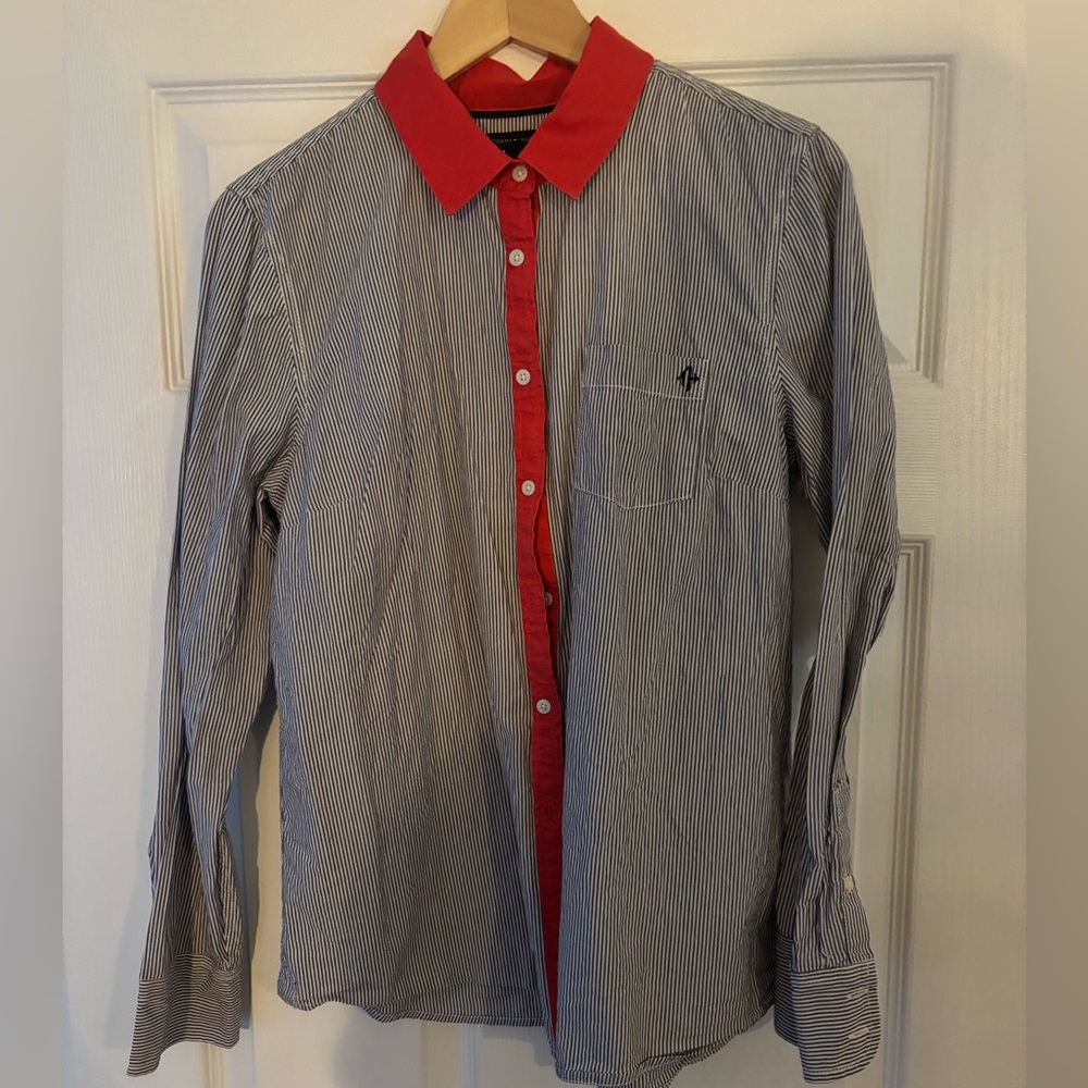 Tommy Hilfiger Blue Striped Shirt with Red Collar